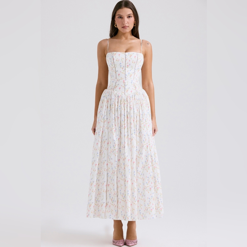 Ysabella White Posy Print Cotton Maxi Sundress